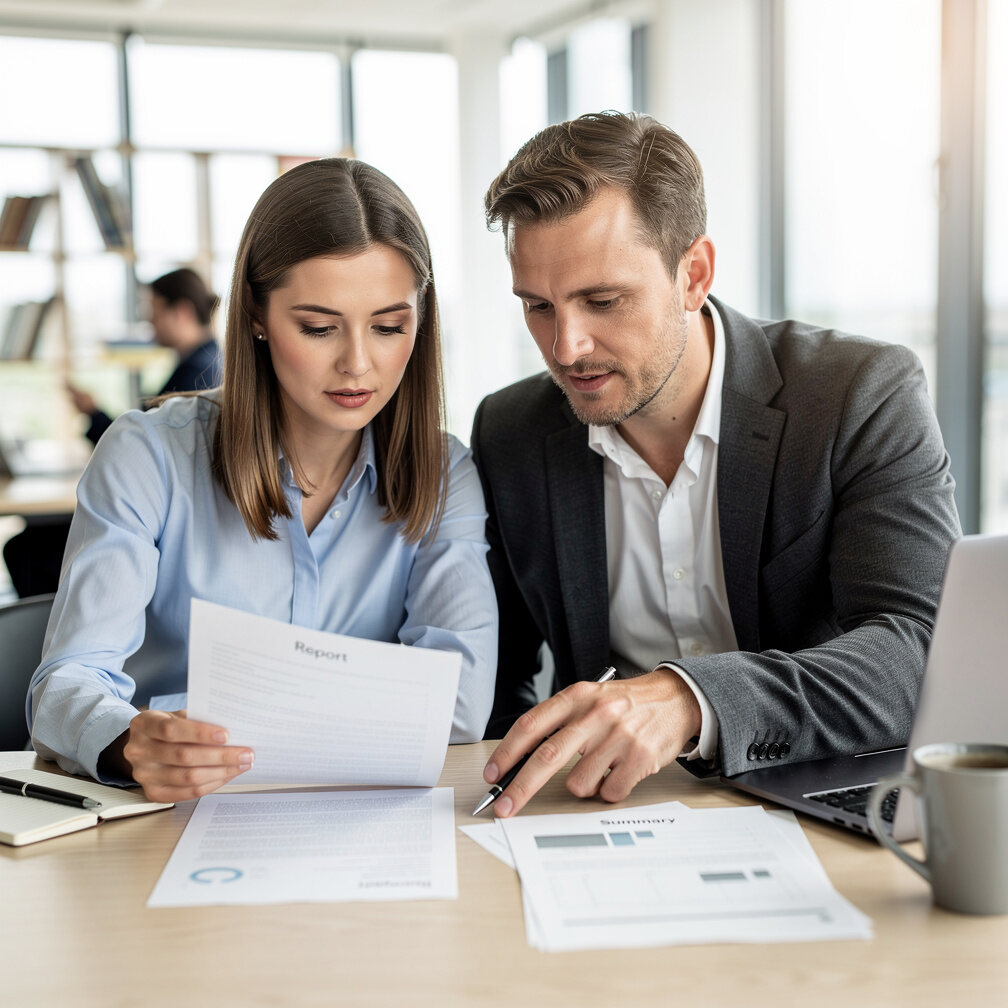 Two colleagues reviewing documents together at a desk
