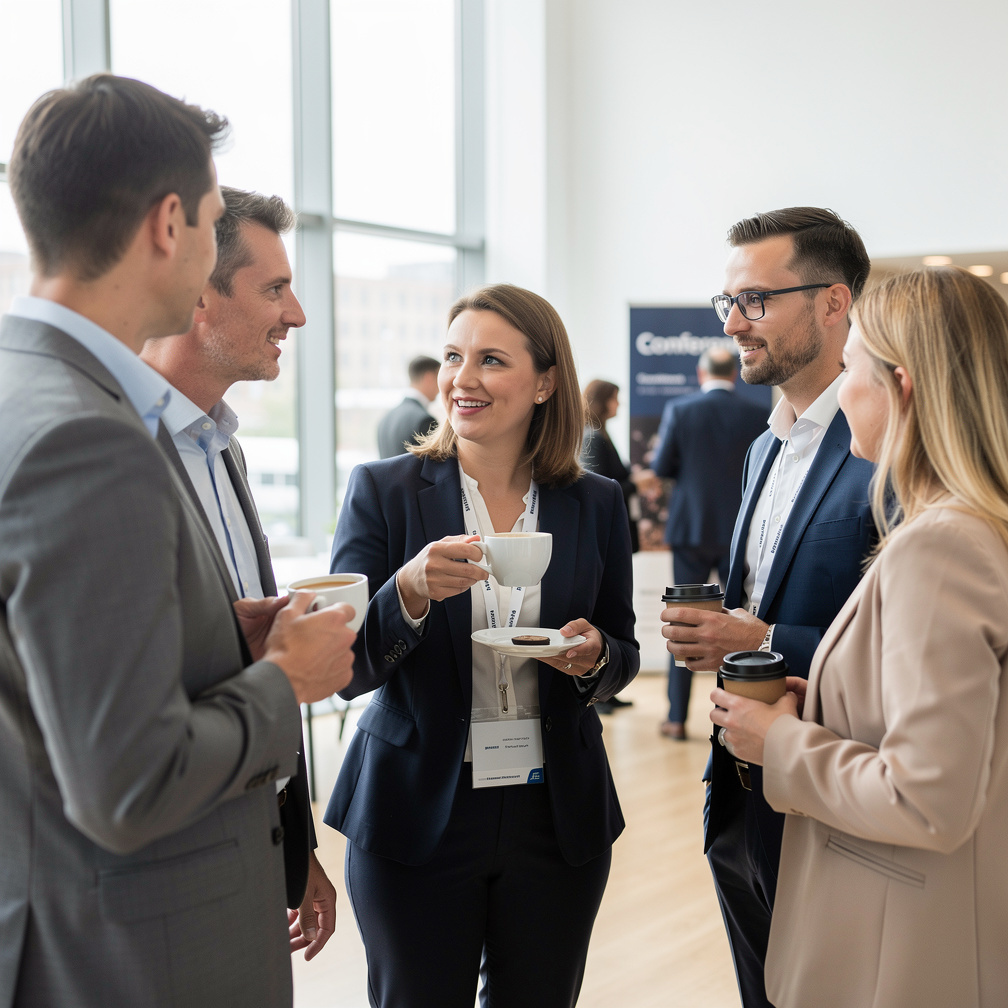 Business professionals networking during a coffee break