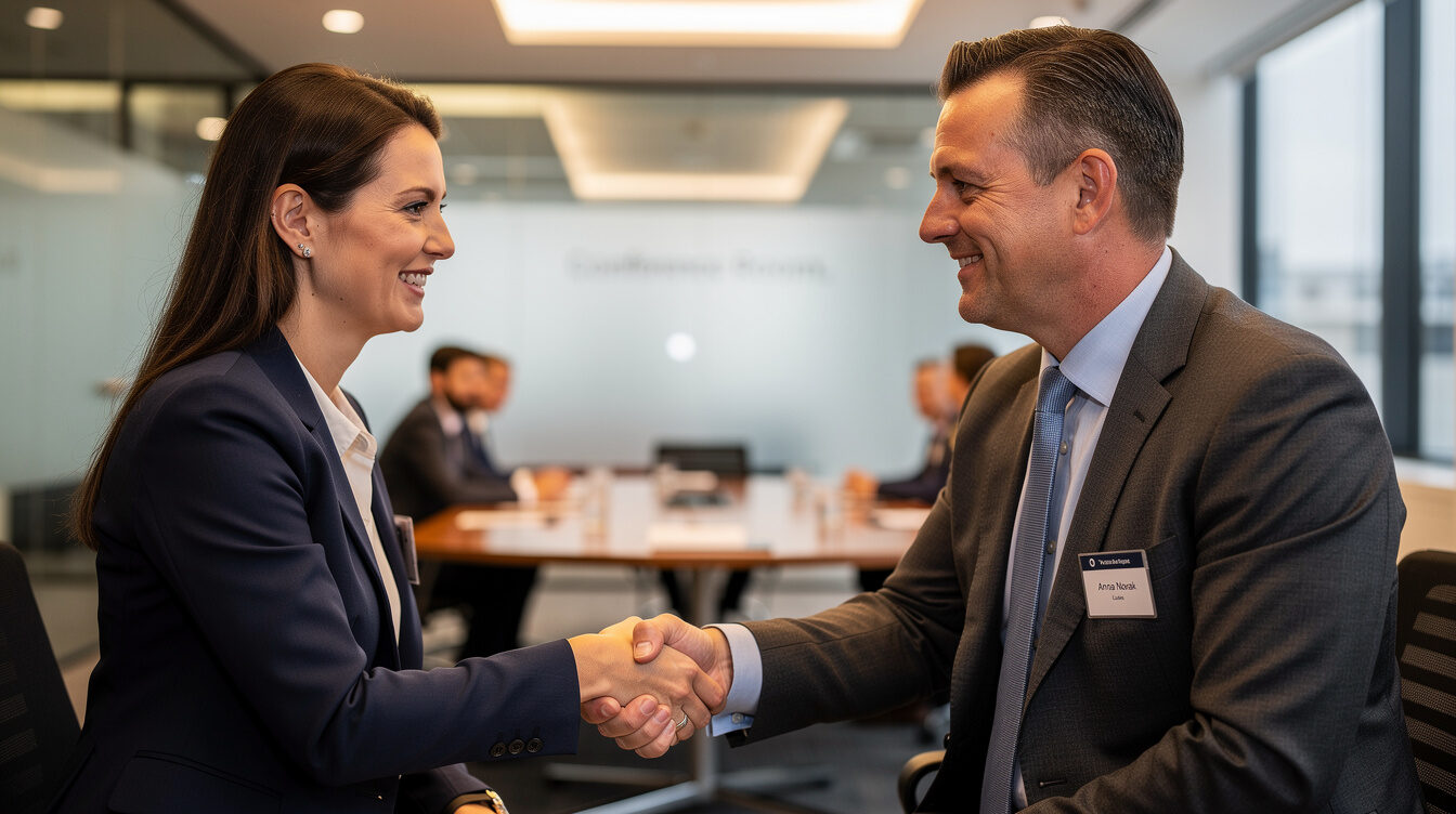 Two business professionals shaking hands after a discussion